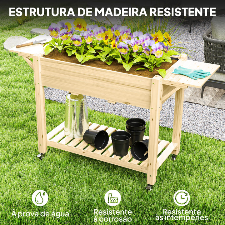 Floreira de Madeira Mesa de Cultivo com Rodas Prateleira e Laterais Dobráveis Floreira Elevada para Cultivo de Flores Vegetais em Jardim Varanda 145x52x86 cm Madeira