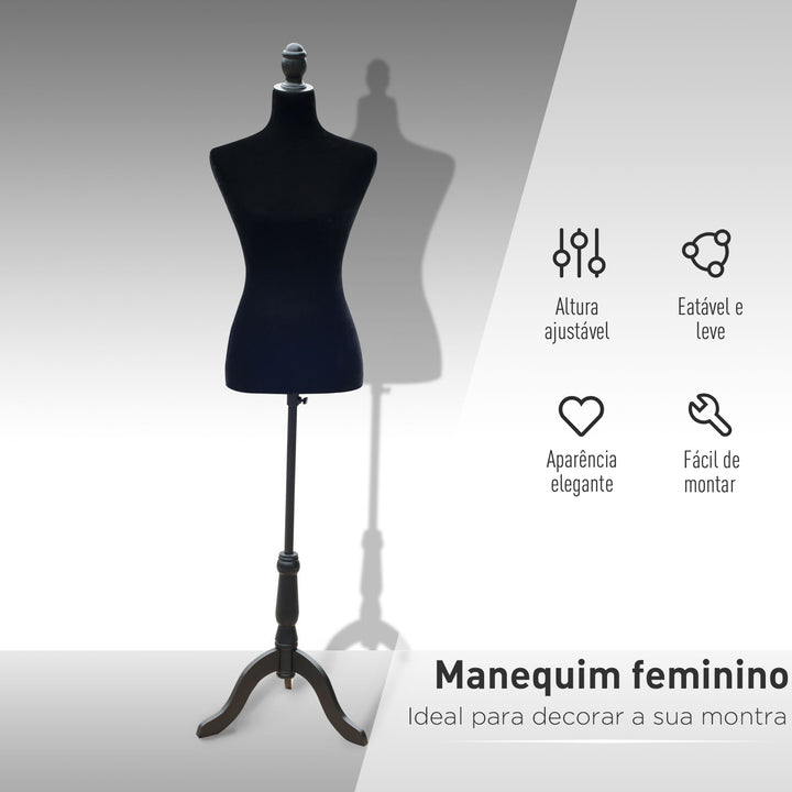 Manequim de Costura Feminino Manequim de Costura Ajustável a 130-168 cm com Tripé de Madeira para Fotografia de Moda Exposição de Roupas Preto