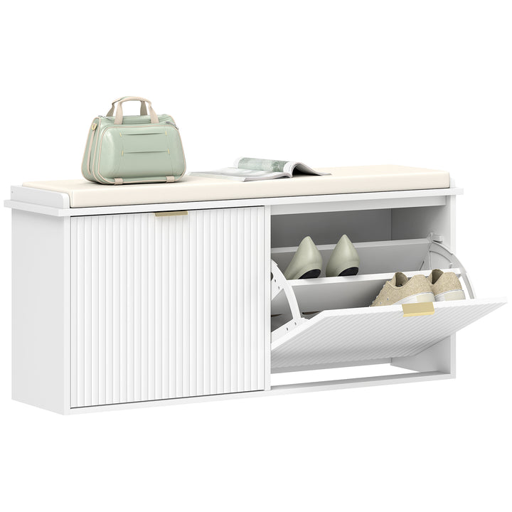 Banco Sapateira Móvel Sapateira Estreito Banco de Entrada com Assento Estofado 2 Caixas Rebatível e Painel de Ripas para Entrada Quarto Sala de Estar 104x26x47,5 cm Branco