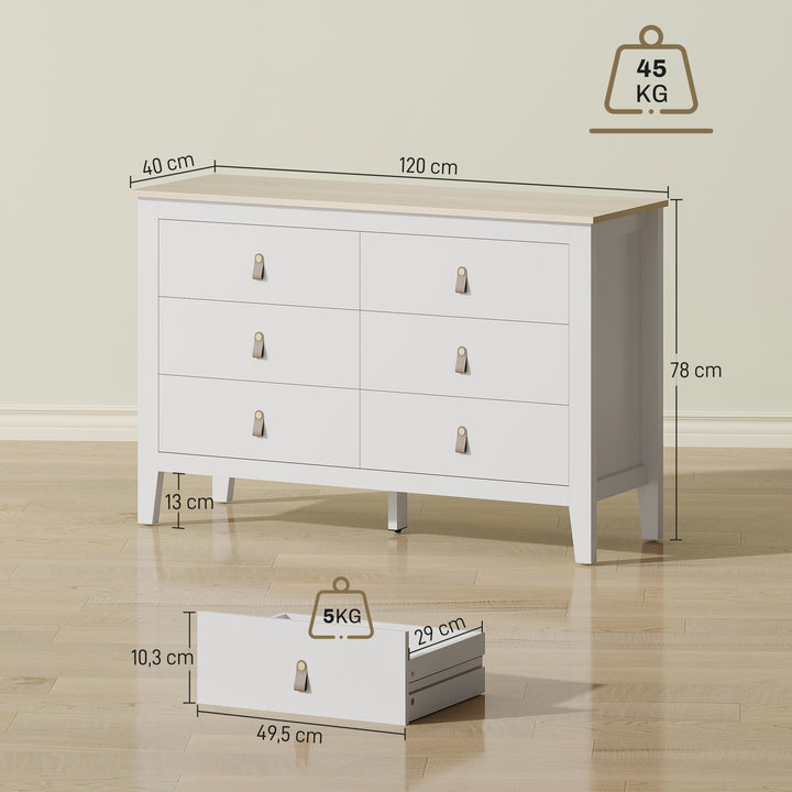 Cómoda de 6 Gavetas Cómoda para Dormitório com Puxadores de PU Cómoda para Sala de Estar Corredor 120x40x78 cm Branco
