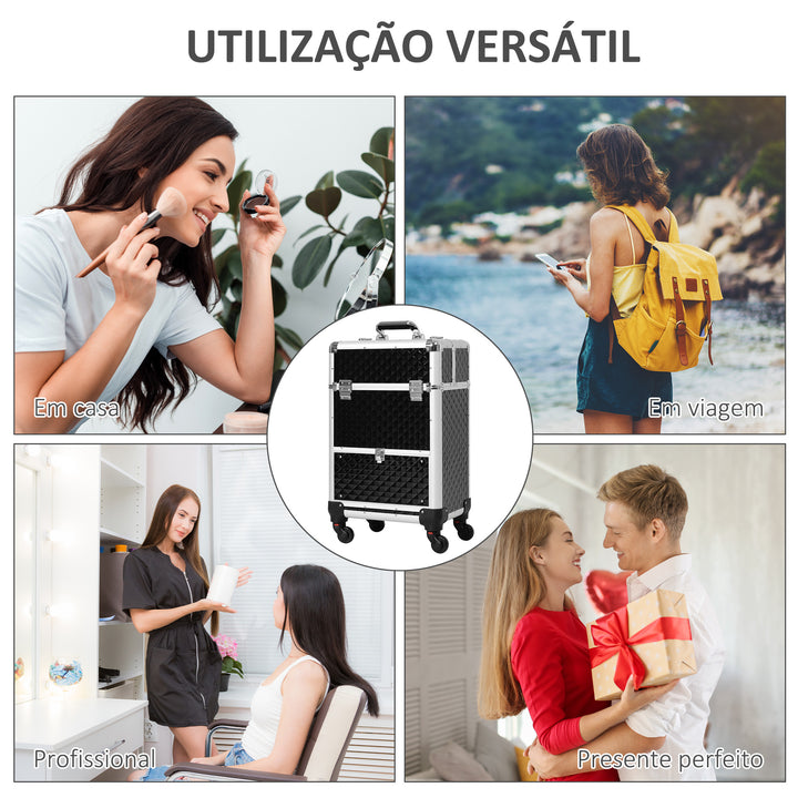 Mala de Maquilhagem Profissional com Gaveta Mala de Maquilhagem com Rodas para Viagem Trabalho 34x25x62 cm Preto