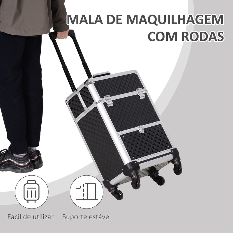 Mala de Maquilhagem Profissional com Gaveta Mala de Maquilhagem com Rodas para Viagem Trabalho 34x25x62 cm Preto