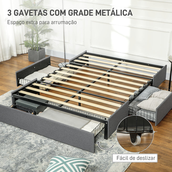 Estrutura de Cama Dupla 140x190 cm Estrutura Cama de Casal com 3 Gavetas e Estrutura de Metal Carga 363 kg Cinza