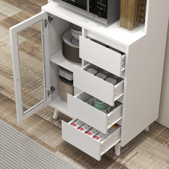 Armário de Cozinha com 2 Armários com Portas de Vidro Temperado 2 Compartimentos Abertos 4 Gavetas e Prateleiras Ajustáveis 60x35x180 cm Branco