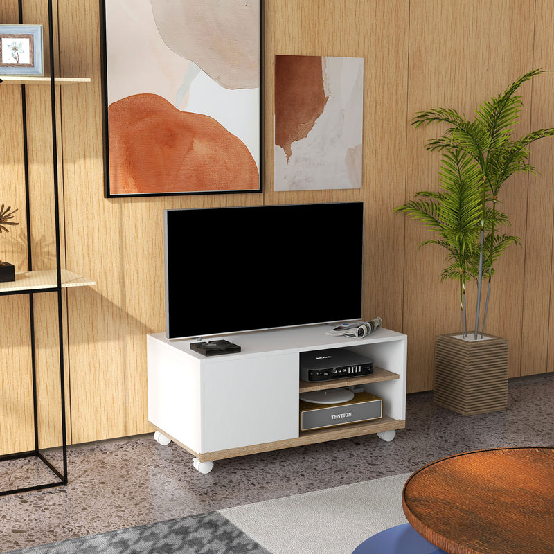 Móvel de TV Mesa de Sala de Estar Moderna de TV de 42 Polegadas com 4 Rodas com 1 Porta e 2 Prateleiras de Armazenamento 80x45x39,5 cm Branco