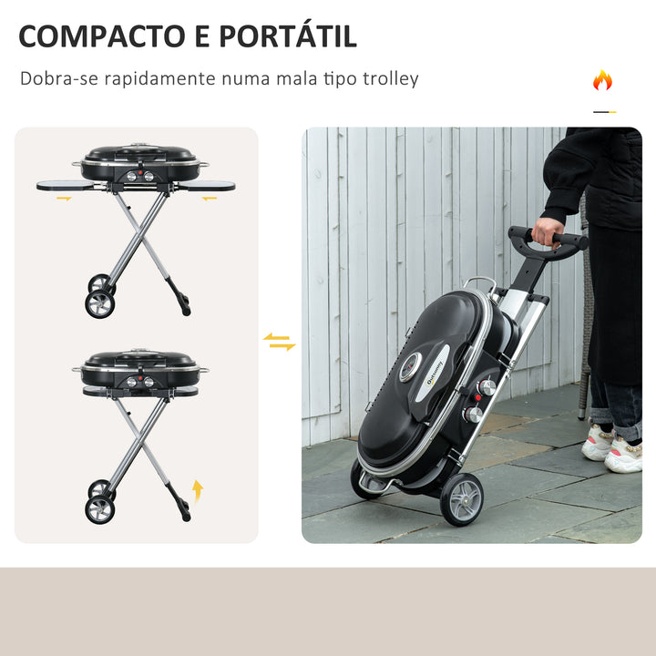 Barbecue a Gás Dobrável com 2 Queimadores 2,34 KW Barbecue a Gás com 2 Rodas 2 Grelhas Metálicas e 2 Mesas Laterais para Piquenique Campismo 100x41,6x82,5 cm Preto