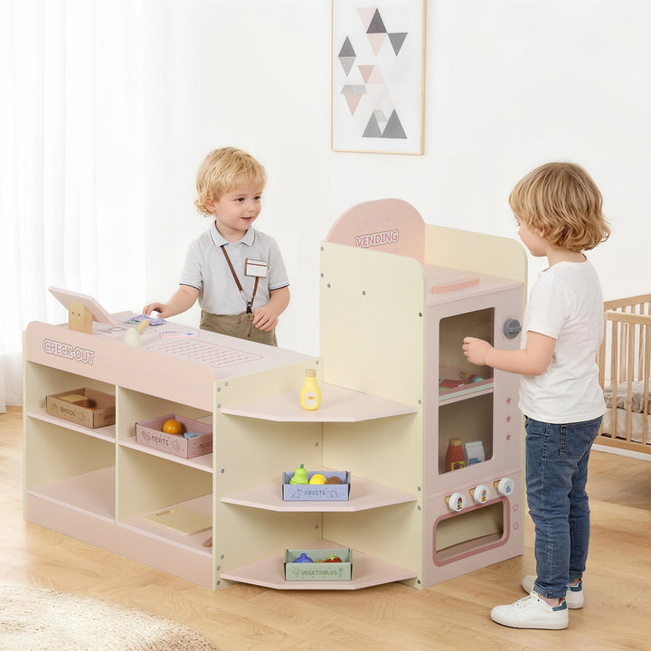 Supermercado de Brinquedo em Madeira Loja com Caixa Registadora Máquina de Venda Automática 3 Prateleiras Abertas 4 Compartimentos e Caixas Etiquetadas para Crianças acima de 3 Anos 90,7x60x73,8 cm Rosa