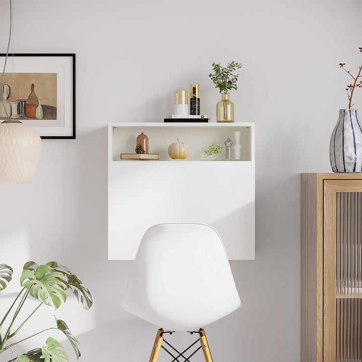 Secretária de Parede Moderna Mesa Dobrável de Parede Multifuncional com Prateleiras de Armazenamento Carga 40 kg para Dormitório Sala de Estar Escritório 64x20x60 cm Branco