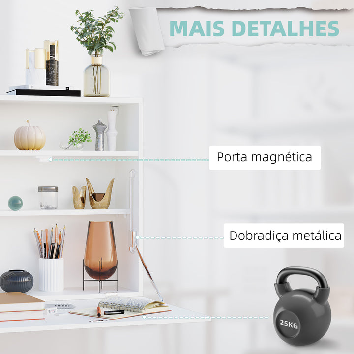 Secretária de Parede Moderna Mesa Dobrável de Parede Multifuncional com Prateleiras de Armazenamento Carga 40 kg para Dormitório Sala de Estar Escritório 64x20x60 cm Branco