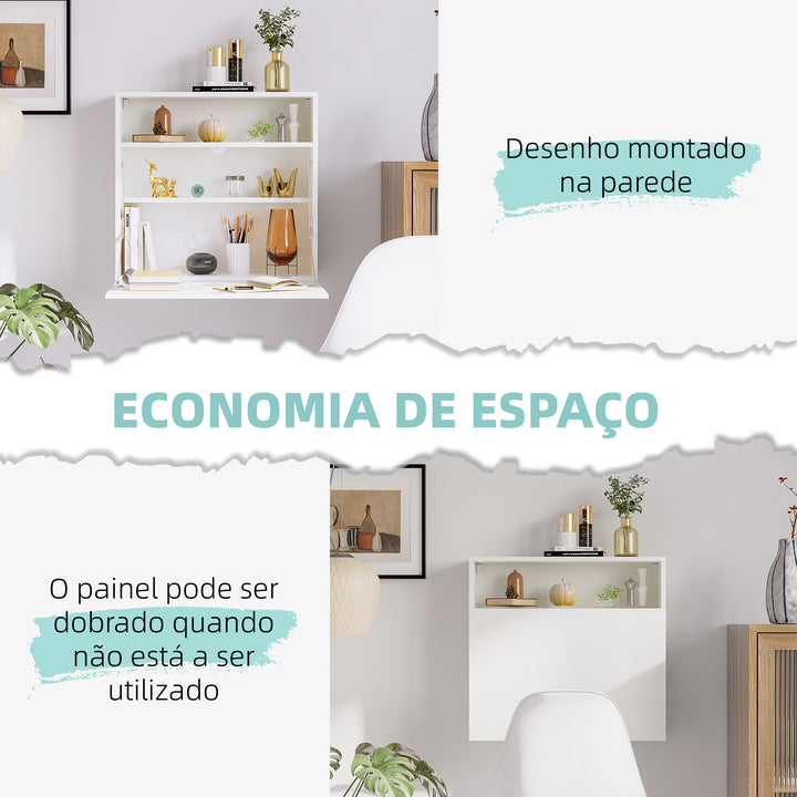 Secretária de Parede Moderna Mesa Dobrável de Parede Multifuncional com Prateleiras de Armazenamento Carga 40 kg para Dormitório Sala de Estar Escritório 64x20x60 cm Branco