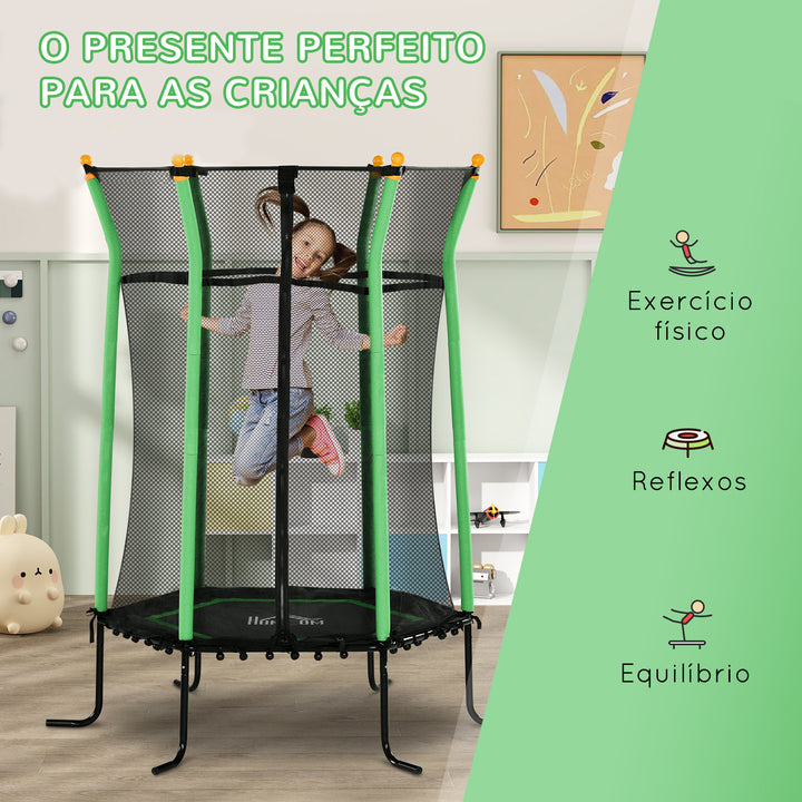 Trampolim para Crianças acima de 3 Anos Cama Elástica Infantil com Rede de Segurança e Estrutura de Aço para Interiores e Exteriores Carga 50kg Ø163,5x190 cm Verde