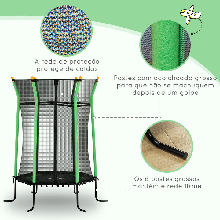 Trampolim para Crianças acima de 3 Anos Cama Elástica Infantil com Rede de Segurança e Estrutura de Aço para Interiores e Exteriores Carga 50kg Ø163,5x190 cm Verde