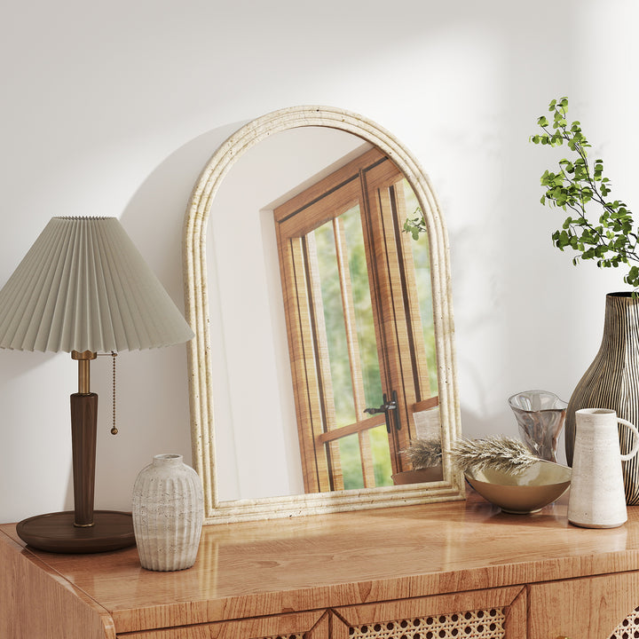 Espelho de Parede Arqueado Espelho de Casa de Banho 60x90 cm com Moldura de Imitação de Pedra Estilo Moderno para Sala Quarto Entrada e Corredor Bege