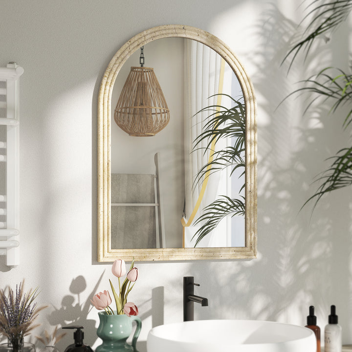 Espelho de Parede Arqueado Espelho de Casa de Banho 60x90 cm com Moldura de Imitação de Pedra Estilo Moderno para Sala Quarto Entrada e Corredor Bege
