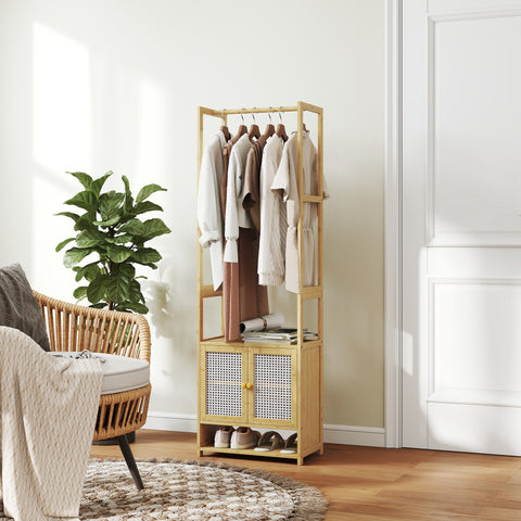 Móvel Cabide de Entrada Cabide para Roupas de Bambu com Sapateira Barra para Pendurar Prateleira Ajustável para Entrada Corredor Quarto 53x31x168 cm Madeira