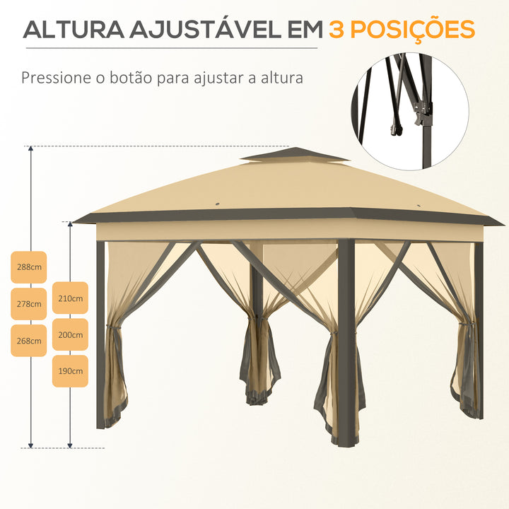 Pérgola Dobrável Exterior 3,3x3,3 m com Altura Ajustável Pérgola de Jardim com Teto Duplo 4 Mosquiteiras Removíveis e Bolsa de Transporte para Acampamento Festas Bege