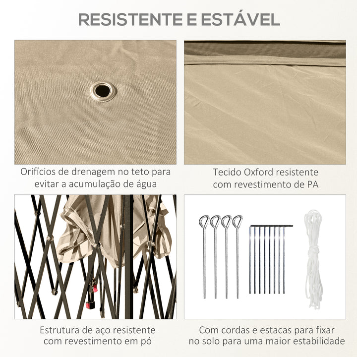 Pérgola Dobrável Exterior 3,3x3,3 m com Altura Ajustável Pérgola de Jardim com Teto Duplo 4 Mosquiteiras Removíveis e Bolsa de Transporte para Acampamento Festas Bege