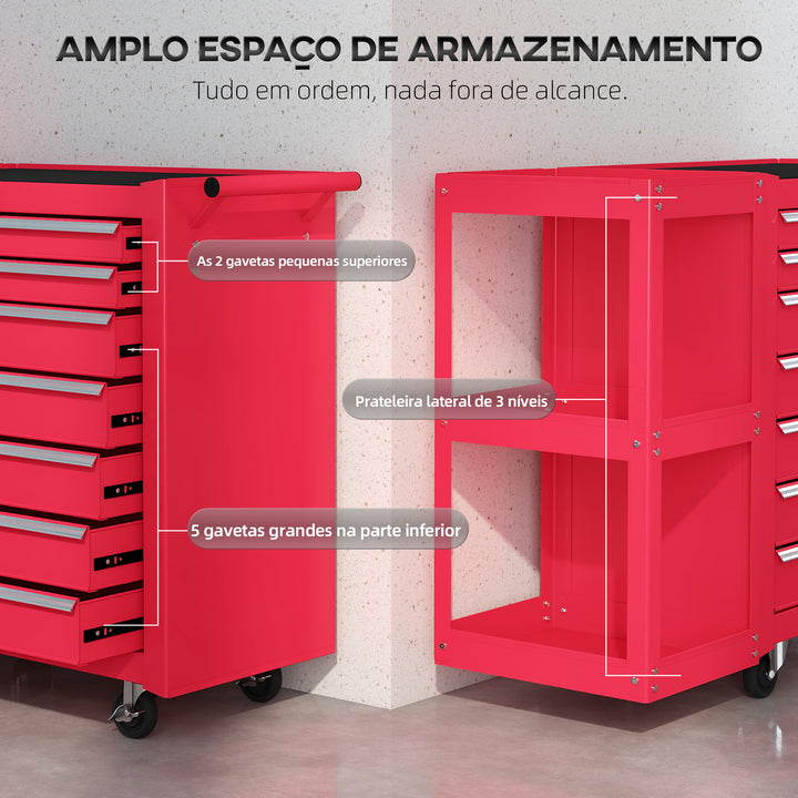 Carrinho de Ferramentas com 7 Gavetas Carrinho de Oficina com Estante de 3 Níveis Removível Sistema de Fecho Central Asa 2 Rodas com Travão de Bloqueio Vermelho