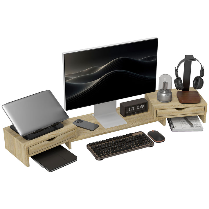 Suporte para Monitor com Ângulo e Comprimento Ajustável Suporte para Monitor com 2 Gavetas para Escritório Suporte para Monitor Portátil 60-116x22x12 cm Madeira