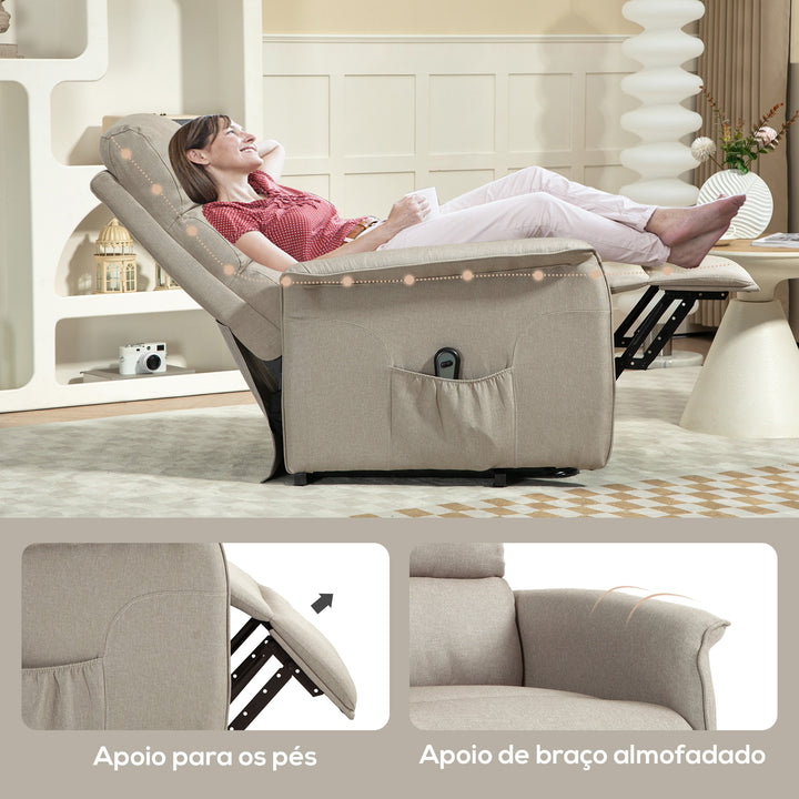Poltrona Relax Reclinável Elétrica Poltrona Levanta Pessoas com Controlo Remoto e Bolso Lateral Poltrona Elétrica para Sala de Estar Dormitório 66x90x96 cm Bege