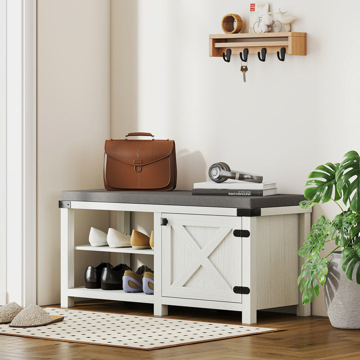 Banco Sapateira Rústico Sapateira com Assento Organizador de Sapatos com Compartimentos Almofada para 7 Pares de Sapatos para Entrada Sala de Estar Quarto 100x40x48 cm Branco com Veios e Cinza