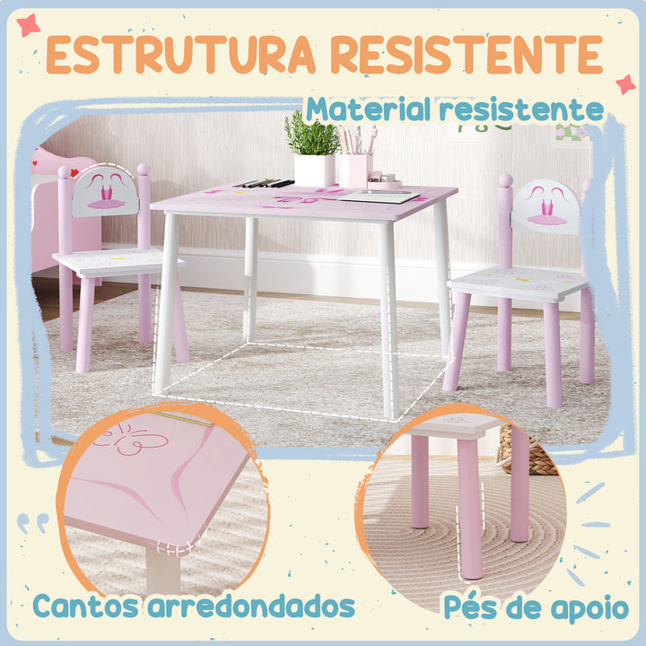 Mesa e Cadeiras para Crianças de 2-5 Anos Conjunto de 3 Peças com Mesa Cadeiras Infantil Estilo Princesa para Sala de Jogos Dormitório Escola Infantil Rosa e Branco