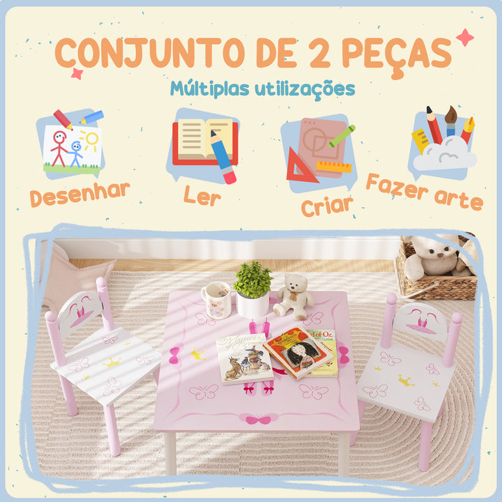Mesa e Cadeiras para Crianças de 2-5 Anos Conjunto de 3 Peças com Mesa Cadeiras Infantil Estilo Princesa para Sala de Jogos Dormitório Escola Infantil Rosa e Branco