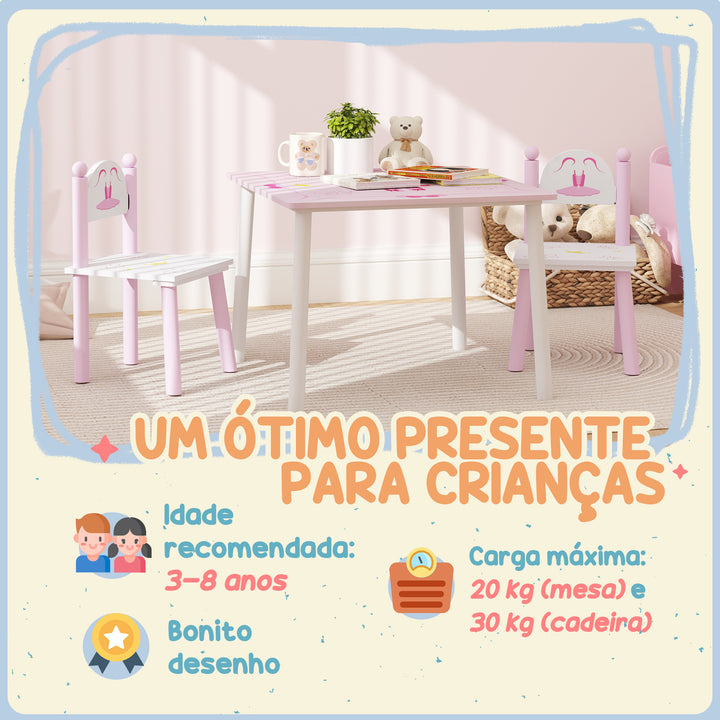 Mesa e Cadeiras para Crianças de 2-5 Anos Conjunto de 3 Peças com Mesa Cadeiras Infantil Estilo Princesa para Sala de Jogos Dormitório Escola Infantil Rosa e Branco