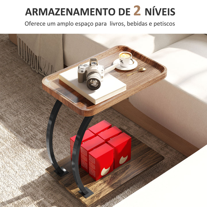 Mesa Auxiliar com Rodas Mesa Auxiliar em Forma de C para Sofá com Prateleiras Estrutura de Aço Mesa Auxiliar para Sala de Estar e Dormitório 52x34x60 cm Madeira e Preto