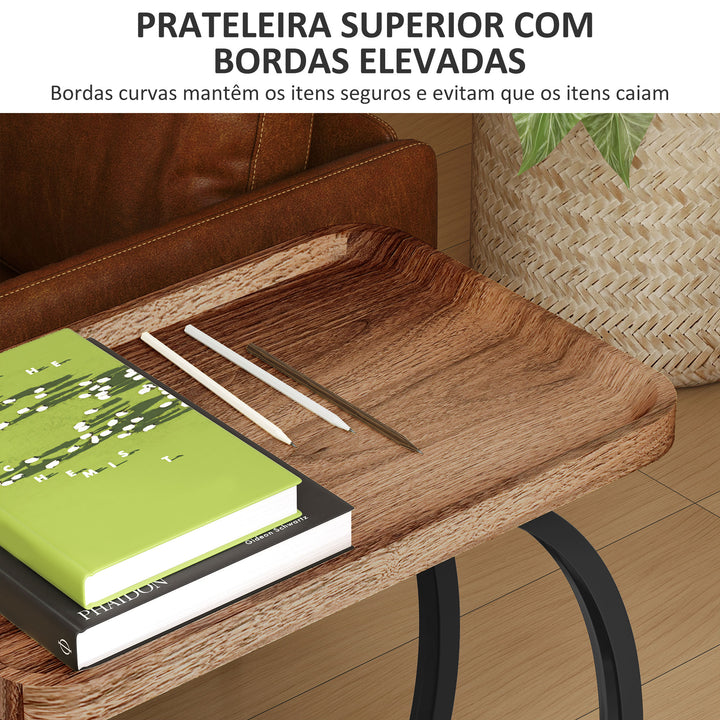 Mesa Auxiliar com Rodas Mesa Auxiliar em Forma de C para Sofá com Prateleiras Estrutura de Aço Mesa Auxiliar para Sala de Estar e Dormitório 52x34x60 cm Madeira e Preto