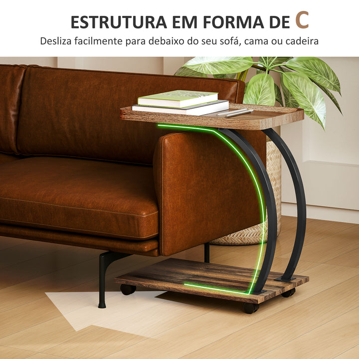 Mesa Auxiliar com Rodas Mesa Auxiliar em Forma de C para Sofá com Prateleiras Estrutura de Aço Mesa Auxiliar para Sala de Estar e Dormitório 52x34x60 cm Madeira e Preto