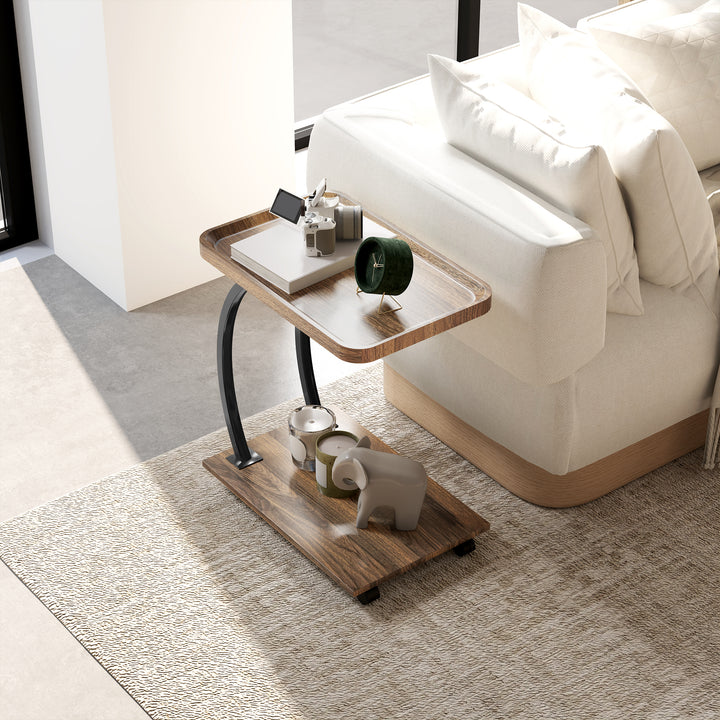 Mesa Auxiliar com Rodas Mesa Auxiliar em Forma de C para Sofá com Prateleiras Estrutura de Aço Mesa Auxiliar para Sala de Estar e Dormitório 52x34x60 cm Madeira e Preto