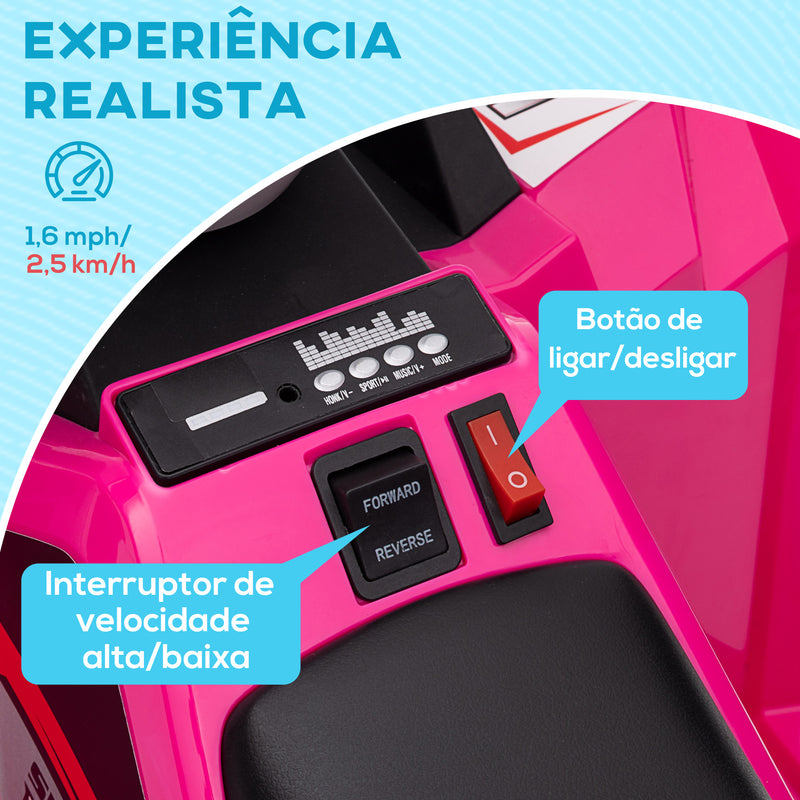 Quadriciclo Elétrico para Crianças 18-36 Meses Veículo Elétrico a Bateria de 6V com Velocidade 2,5 km/h Avanço e Marcha Atrás 70x41,5x48,5 cm Rosa