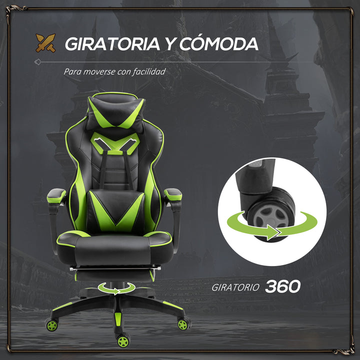 Cadeira de escritorio gaming ergonômica Altura Ajustável reclinável com apoio para pés Verde e Preto