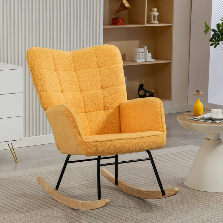 Poltrona Baloiço Poltrona de Sala de Estar Oscilação de 40° com Pés de Madeira de Faia e Estrutura de Aço para Dormitório Carga Máxima 120 kg 71x98x101 cm Amarelo