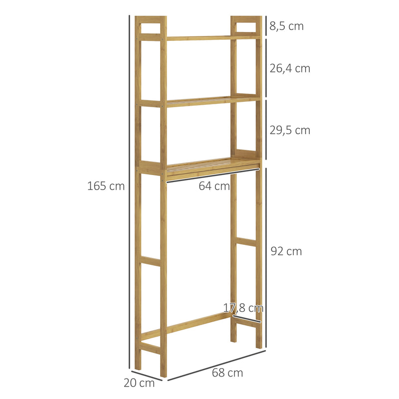 Estante sobre Sanita de Bambu Estante Casa de Banho com 3 Prateleiras Pés com Almofadas Antiderrapantes e Anti-Tombo Estilo Moderno 68x20x135 cm Madeira