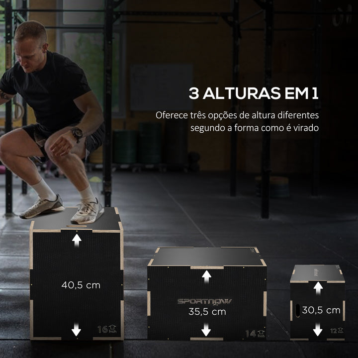 Caixa Pliométrica com 3 Alturas Diferentes Caixa de Saltos para Treino de Força em Casa Escritório Ginásio CrossFit Carga 120 kg 40,5x35,5x30,5 cm Preto