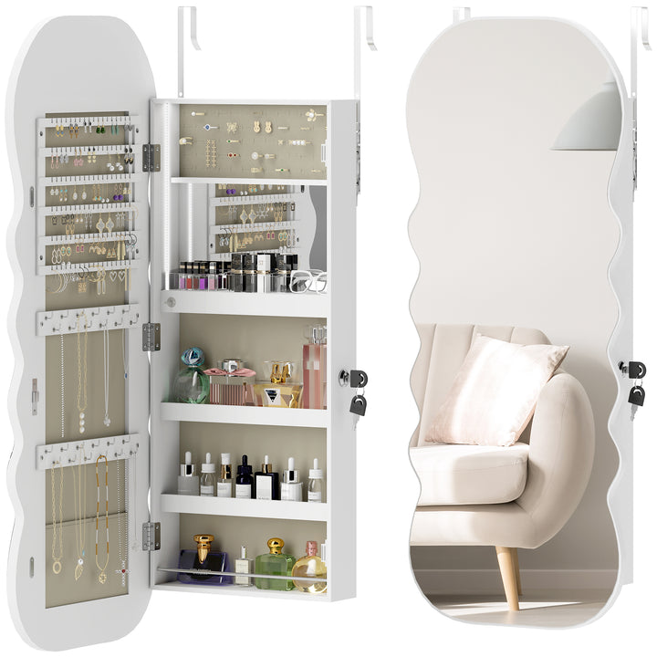 Espelho-Joalheiro com Luz LED de 3 Tons Armário para Joias Montado na Parede ou na Porta Armário com Fechadura Espelho de Corpo Inteiro, Design Ondulado Branco