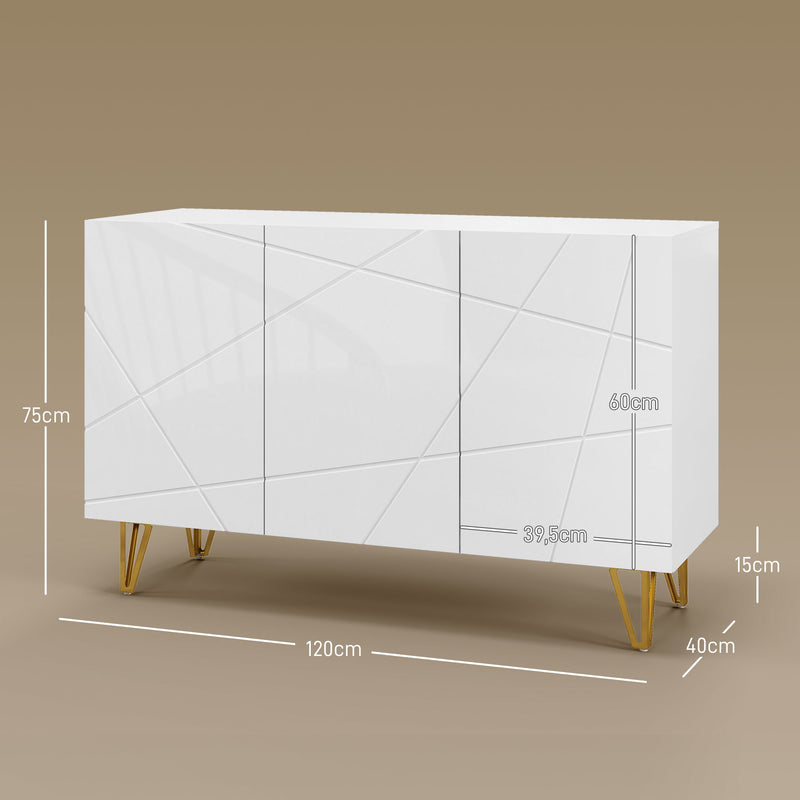 Aparador para Sala Aparador de Entrada com 3 Portas e Prateleiras Ajustáveis Armário de Armazenamento para Cozinha Sala 120x40x75 cm Branco Brilhante