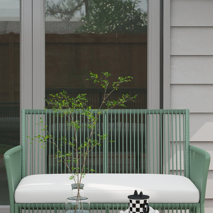 Conjunto de Jardim Exterior em Vime Móveis de Jardim para 4 Peças Móveis para Terraço com 1 Sofá de 2 Lugares 2 Poltronas Almofadas e 1 Mesa com Tampo de Vidro para Pátio Verde e Bege