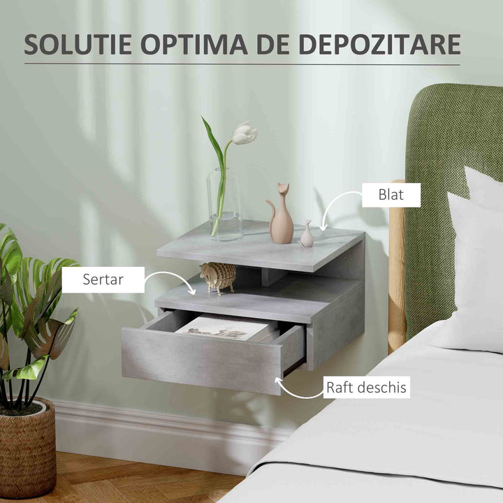 Conjunto de 2 Mesas de Cabeceira Flutuantes, Mesas de Cabeceira com Gaveta e Prateleira Aberta, Design Moderno, Poupa Espaço, para Sala ou Quarto, 35x32x22,5 cm, Cinzento