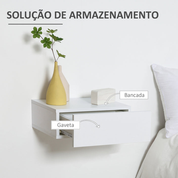 Conjunto de 2 Mesas de Cabeceira com 1 Gaveta Desenho Montado na Parede Estilo Moderno para Dormitório 40x30x15cm Branco
