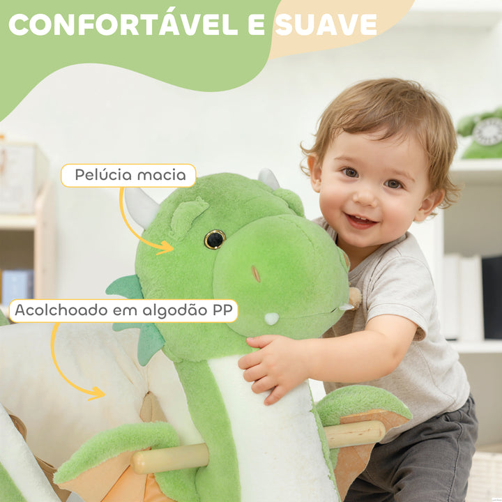 Baloiço para Bebés com Som de Dragão Baloiço de Pelúcia com Base de Madeira Cinto de Segurança para Crianças de 18-36 Meses 65x38x72 cm Verde
