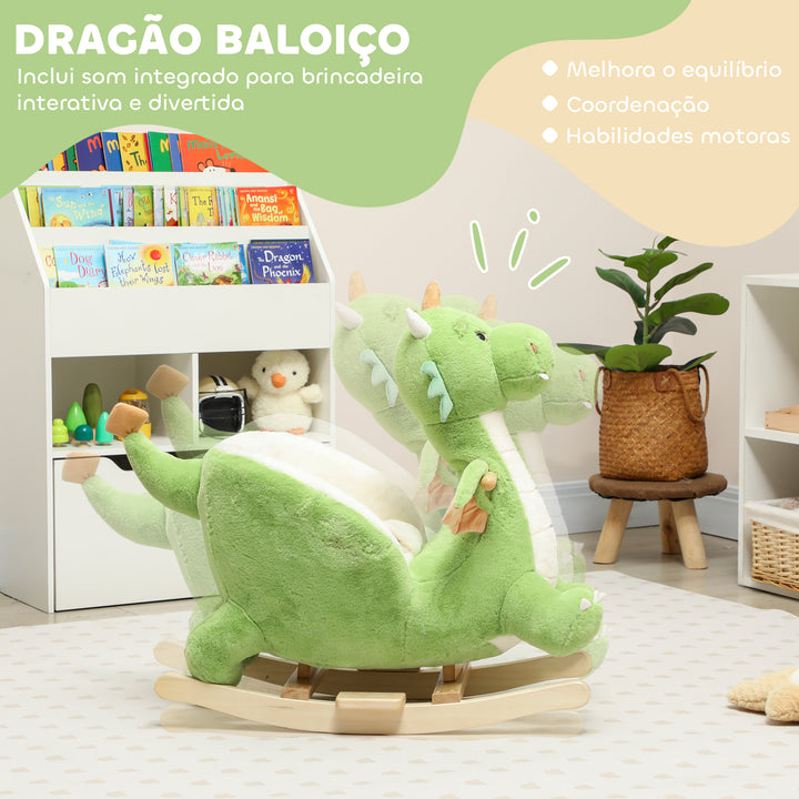 Baloiço para Bebés com Som de Dragão Baloiço de Pelúcia com Base de Madeira Cinto de Segurança para Crianças de 18-36 Meses 65x38x72 cm Verde