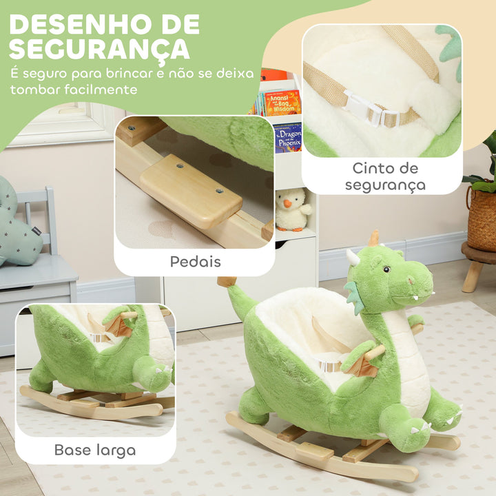 Baloiço para Bebés com Som de Dragão Baloiço de Pelúcia com Base de Madeira Cinto de Segurança para Crianças de 18-36 Meses 65x38x72 cm Verde