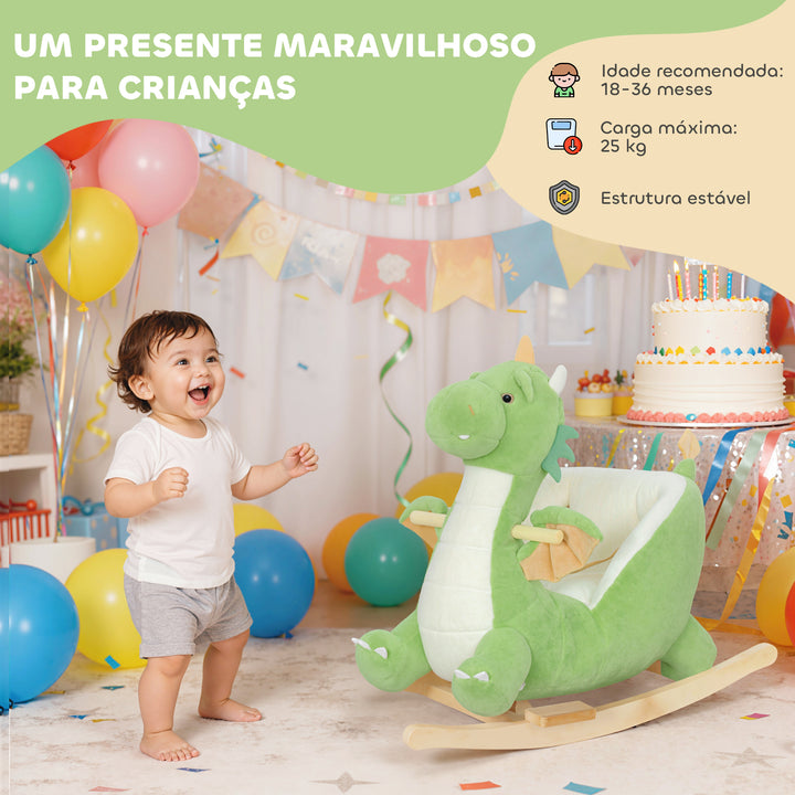 Baloiço para Bebés com Som de Dragão Baloiço de Pelúcia com Base de Madeira Cinto de Segurança para Crianças de 18-36 Meses 65x38x72 cm Verde