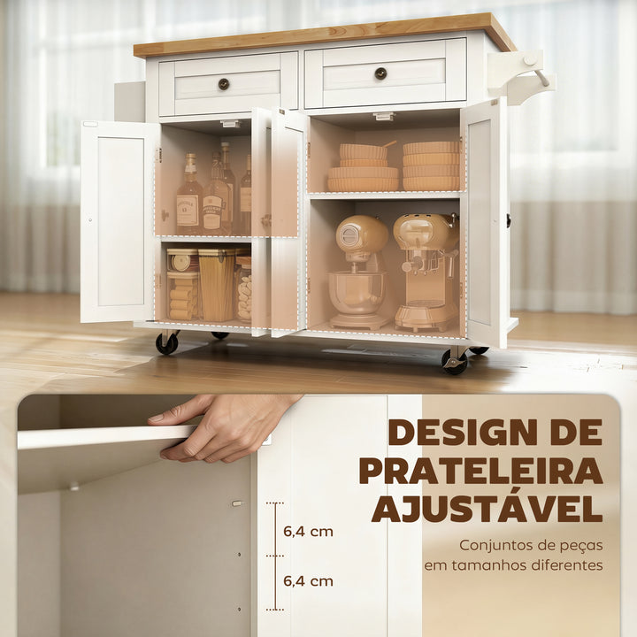 Ilha de Cozinha com Rodas Móvel Auxiliar de Cozinha com 2 Gavetas 4 Portas Suporte para Temperos e Barra Lateral 111x44,5x82,5cm Branco e Madeira