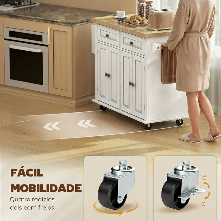 Ilha de Cozinha com Rodas Móvel Auxiliar de Cozinha com 2 Gavetas 4 Portas Suporte para Temperos e Barra Lateral 111x44,5x82,5cm Branco e Madeira