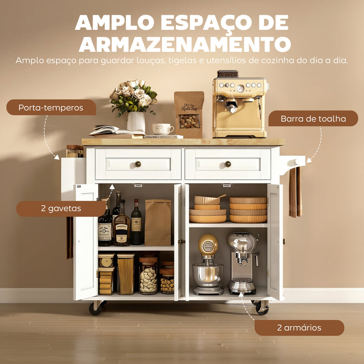 Ilha de Cozinha com Rodas Móvel Auxiliar de Cozinha com 2 Gavetas 4 Portas Suporte para Temperos e Barra Lateral 111x44,5x82,5cm Branco e Madeira