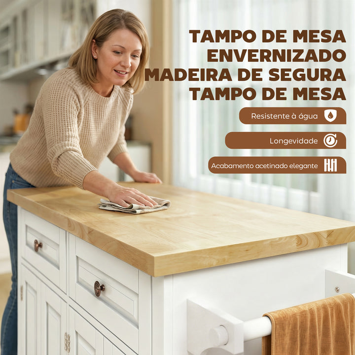 Ilha de Cozinha com Rodas Móvel Auxiliar de Cozinha com 2 Gavetas 4 Portas Suporte para Temperos e Barra Lateral 111x44,5x82,5cm Branco e Madeira